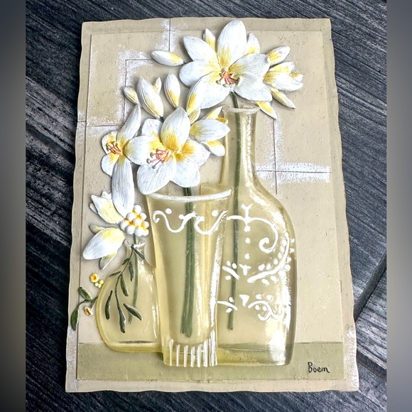 Vintage 3D Wall Art Floral Tiles White Floral in Resin Vases by Boem - Picture 1 of 10